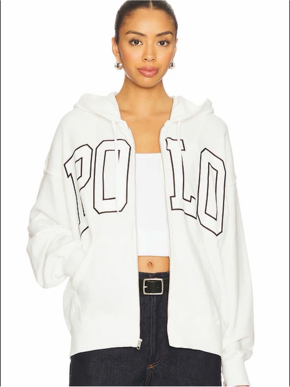 Ralph Lauren White Zip Front Hoodie with Black POLO Lettering